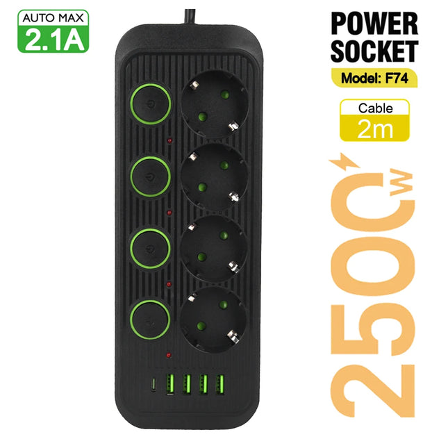 EU Plug Multiple Sockets AC Outlets Power Strip Extension Cable With USB Ports Surge Protector Network Filter Individual Switch