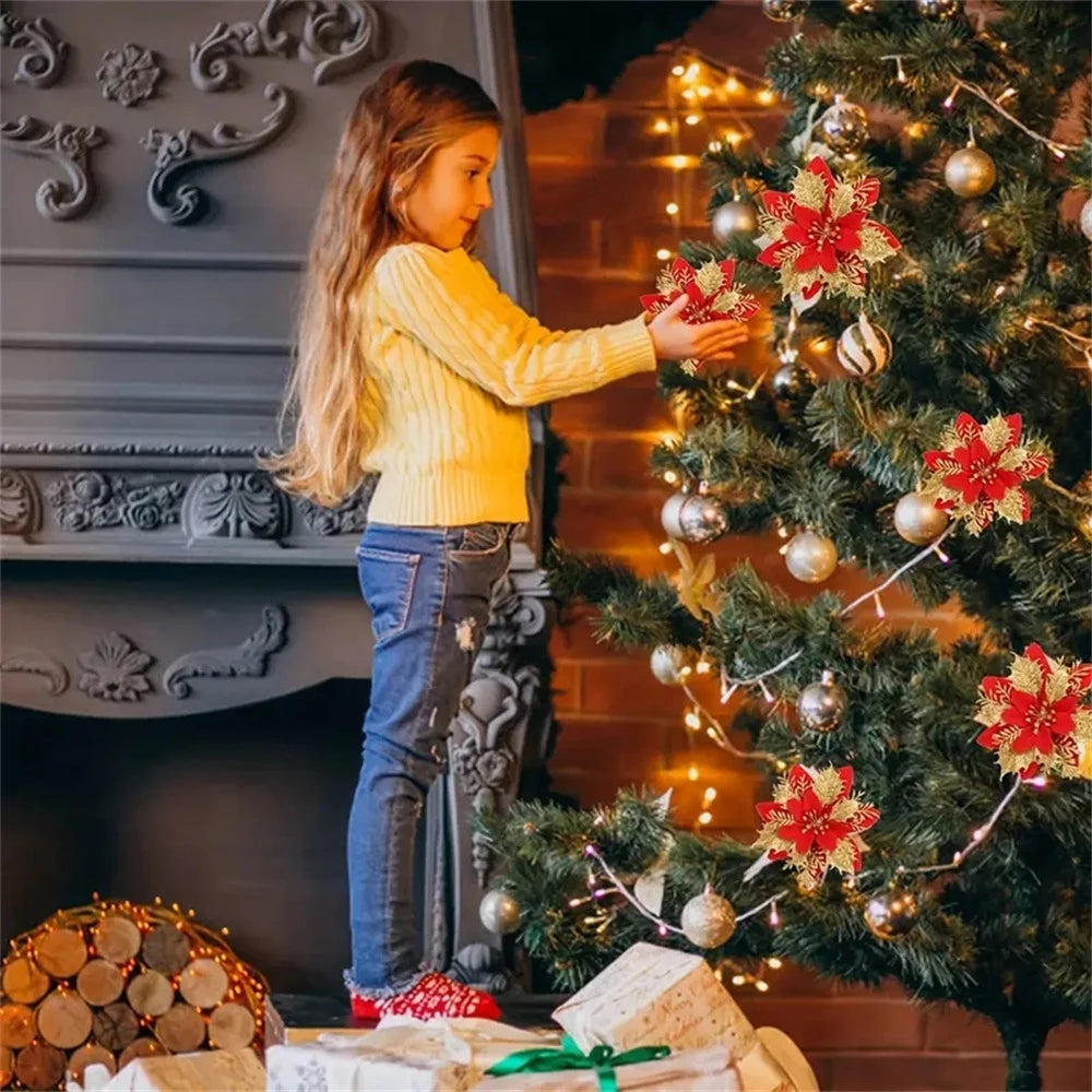 5/10pcs 14.5cm Christmas Flower Ornaments,Pink,Red,Gold,Glitter Artifical Flowers For Christmas Tree,Xmas Decoration For Home