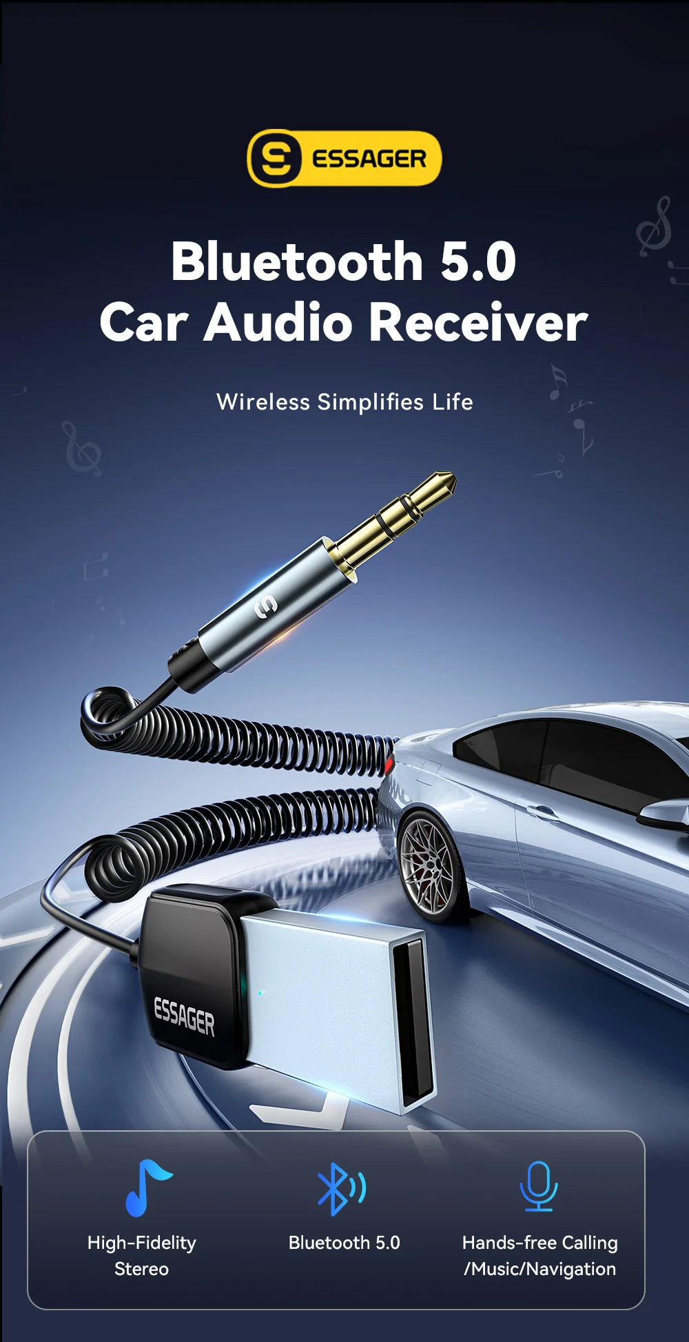 Essager USB Bluetooth 5.0 Receiver Aux Bluetooth Adapter For Car 3.5mm Jack Speaker Auto Handfree Car Audio Music Transmitter