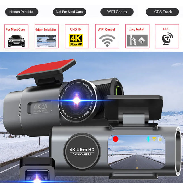 Dash Cam Dual Lens 4K UHD Recording Car Camera DVR Night Vision Video Recorder Built-In Wi-Fi Support GPS 24H Parking