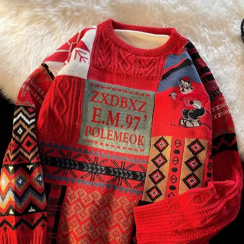 Christmas Sweater Men's Winter Loose-fit Casual Style Knitted Top Jacket American Vintage Fleece-lined Thickened Line Clothes