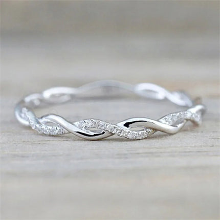 Huitan Simple Stylish Women Thin Rings Fancy Twist Band Shiny Crystal Cubic Zircon Daily Wear Versatile Jewelry Minimalist Gift