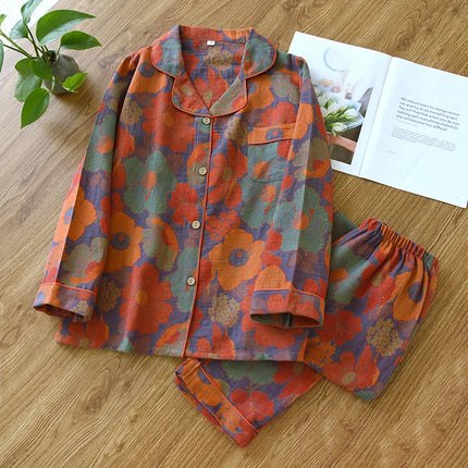 2024 Japanese Spring and Autumn New Women's Pajama Set 100% Cotton Vintage Long sleeved Pants Two Piece Set for Home Furnishings