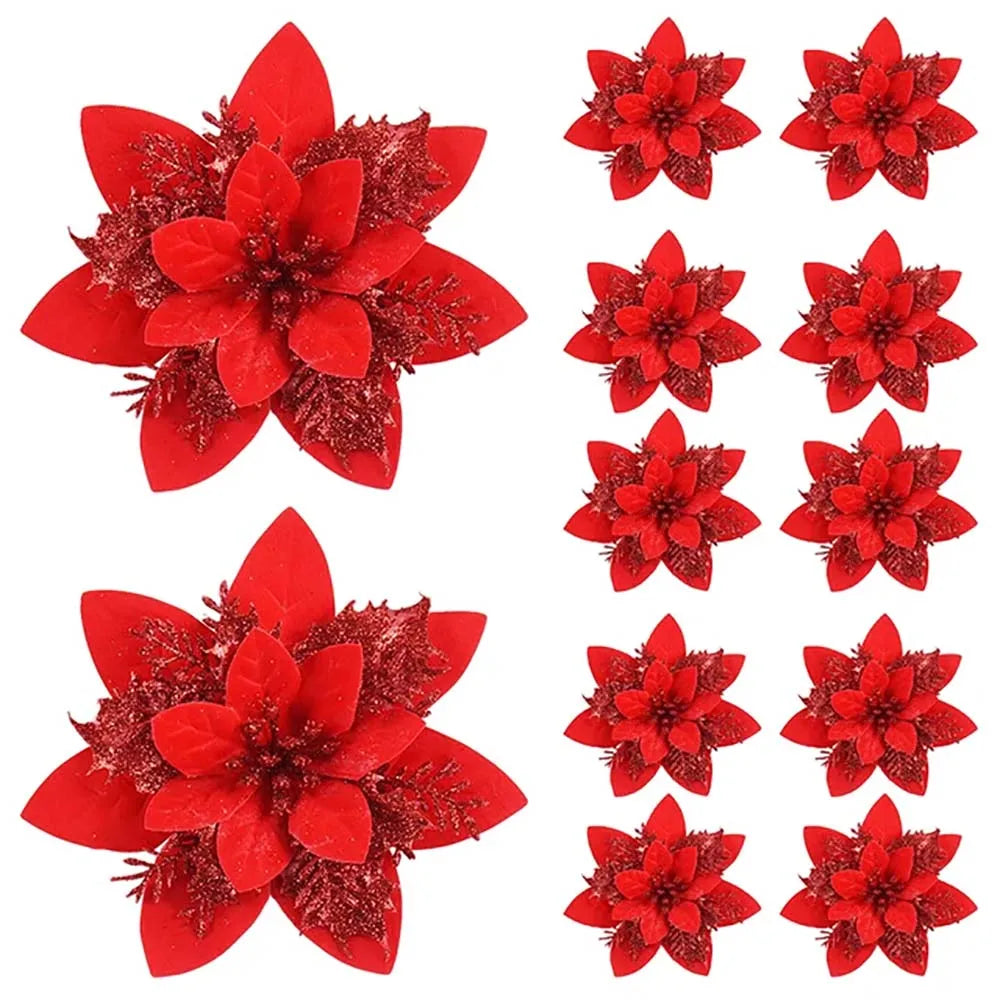 5/10pcs 14.5cm Christmas Flower Ornaments,Pink,Red,Gold,Glitter Artifical Flowers For Christmas Tree,Xmas Decoration For Home