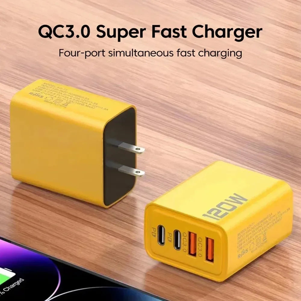 Quick Charge 3.0 Fast Charger Muti Total 120W 4 Port USB Type C PD Mobile Phone Wall Adapter for iPhone 16 Samsung S24 Xiaomi 15