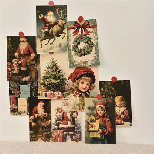 10Pcs Retro Christmas Cards Cartoon Postcards Message Greeting Card 4x6" Gift Wish Card Atmosphere Decorative Card With Stickers