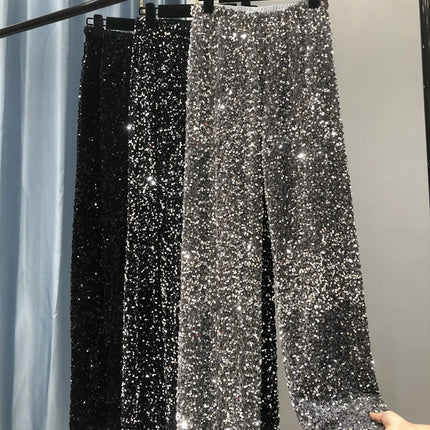 The New Women's Fashion Trendy Sparkling Gold Pants Relaxation of Tall Waist Wide-legged Pants Women's South Korean Style