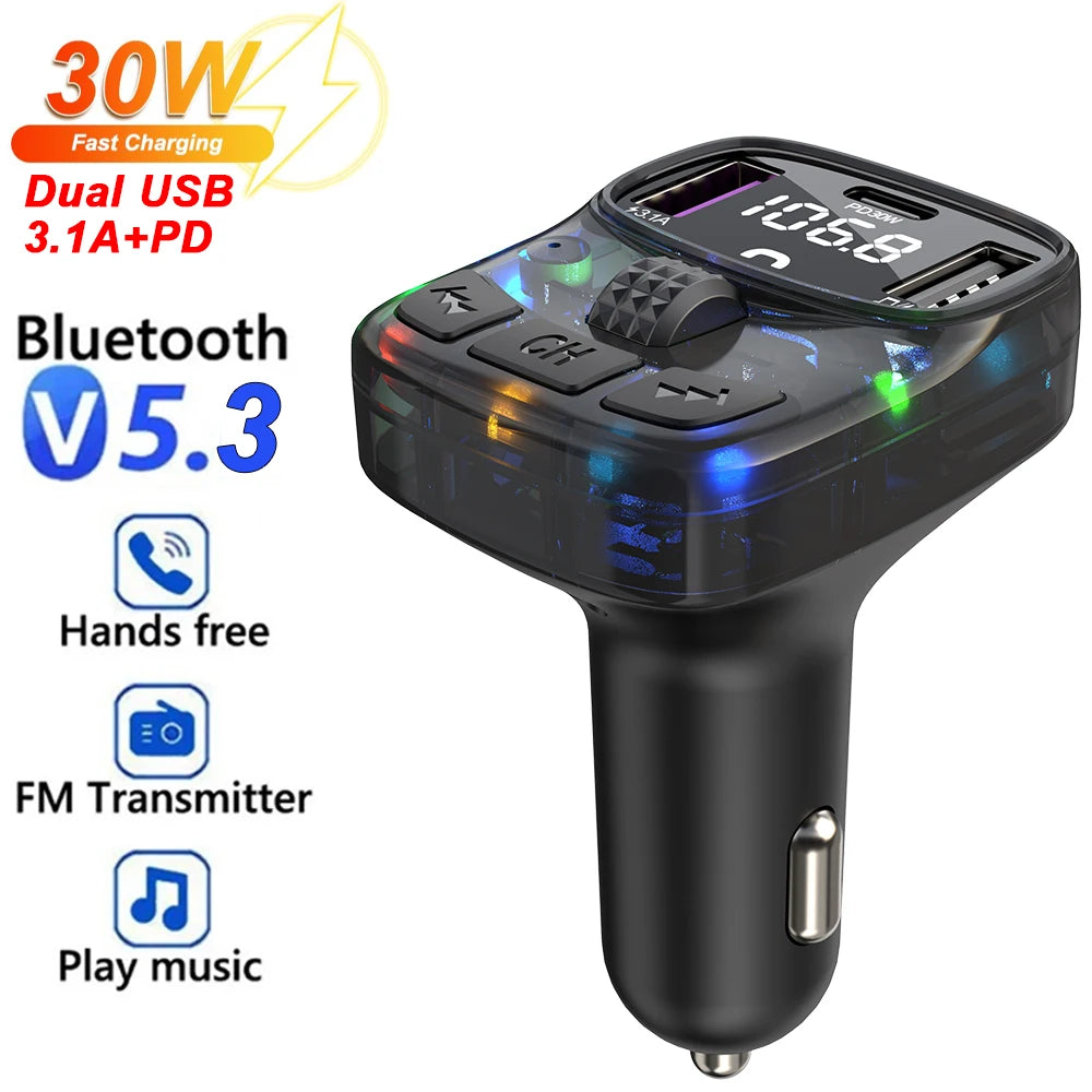 Car Charge Bluetooth 5.3 FM Transmitter Handsfree Car Radio Modulator