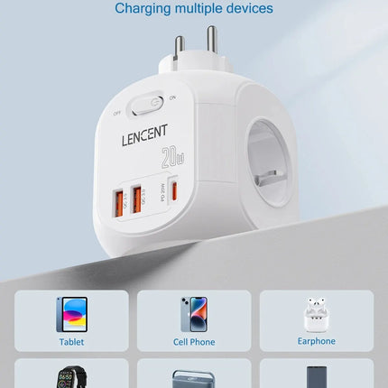 LENCENT EU Plug Wall Socket Extender with 4 AC +QC3.0USBX2 +1 Type C PD20W Fast Charger Adapter 7-in-1 Socket On/Off Switch