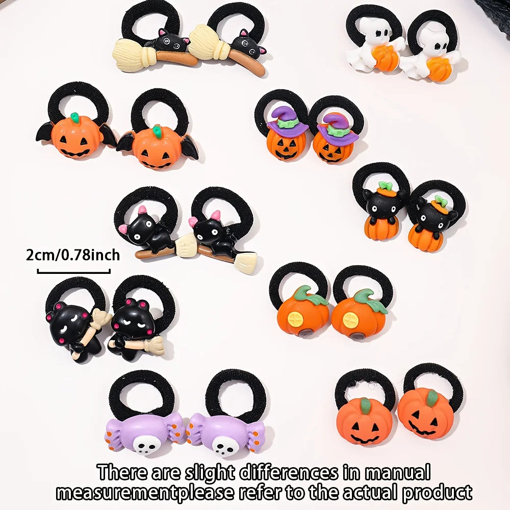 10Pcs Children's Girls' Halloween Hair Ring - Funny Pumpkin and Ghost and Bat Cat Design Suitable for Halloween Gifts for Girls