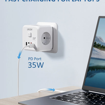 LENCENT EU Plug Power Strip Wall Socket with 3 AC+3 USB QC 18W +1 Type C PD 35W Fast Charger Adapter 7-in-1 Socket On/Off Switch