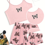 Two Piece Women's Suspender Printed Butterfly Round Neck Camouflage Top Paired with Shorts Women's Casual Pajama Set