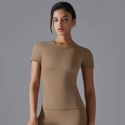 Women Running Sports T Shirt Summer Short Sleeve Round Neck Breathable Stretchy GYM Yoga Slim Fitness Active Top Tee