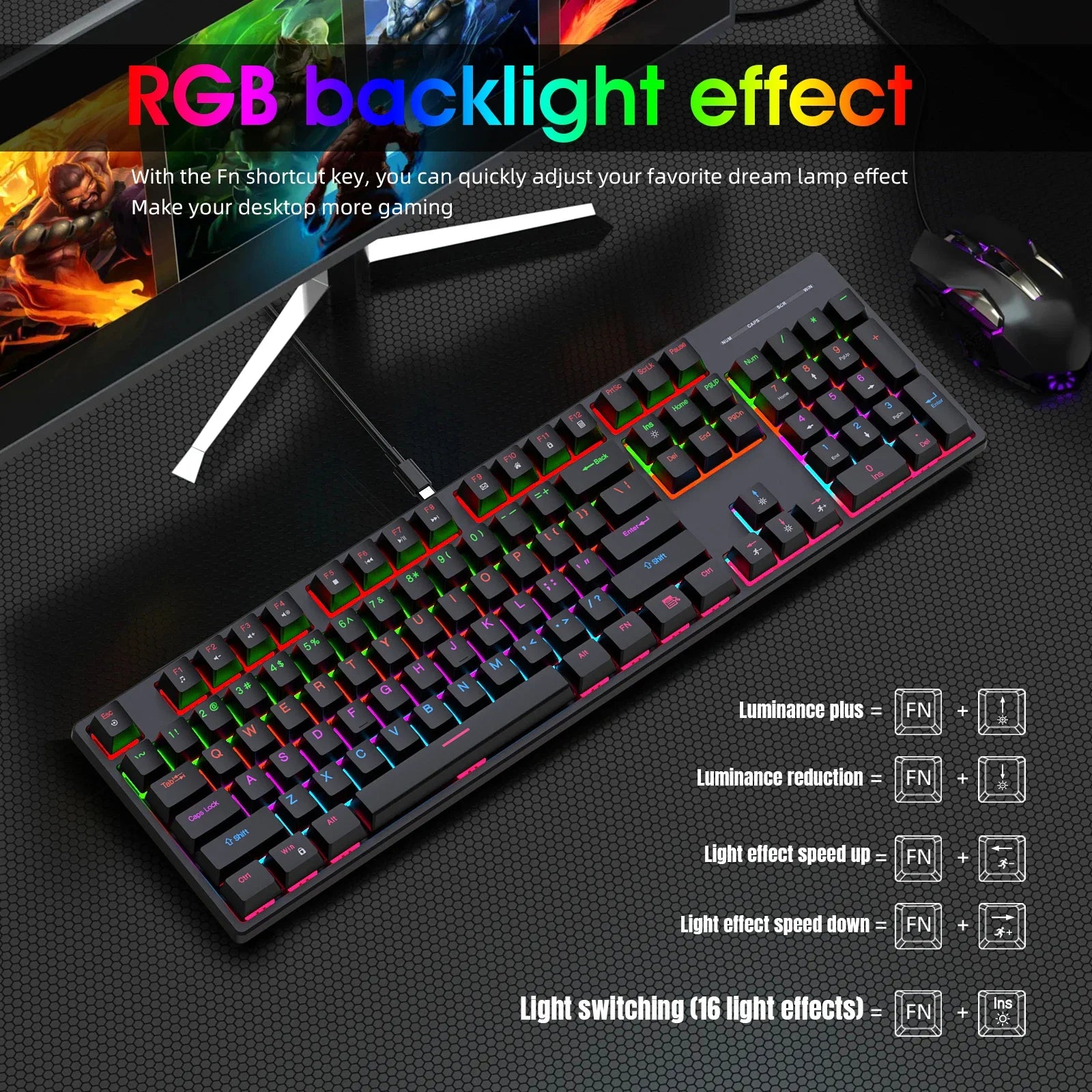Mechanical Keyboard Wired 16 RGB Backlit 61/87/104Key Esports Gaming Keyboard Hot-Swappable Ergonomic Keyboard for PC Laptop