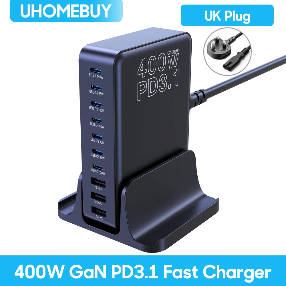 UHOMEBUY 400W USB C Charger 10-Ports GaN Charging Station 140W Max Single Port PD3.1 Fast Charger for MacBook Pro iPhone Samsung