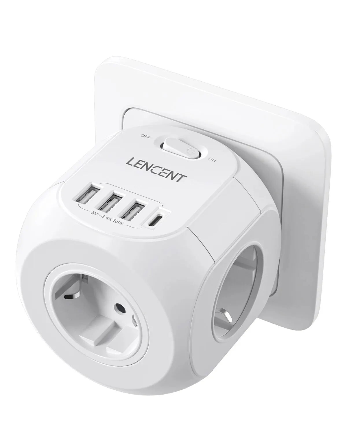 LENCENT EU Plug Wall Socket Extender with 4 AC Outlets+3 USB +1 Type C 5V/3A Charger Adapter 8-in-1 Socket On/Off Switch