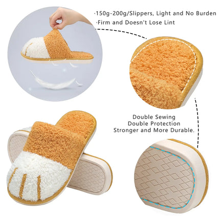 Shevalues Indoor Warm Plush Slippers For Women Men Cute Cat Paw Design House Fur Slippers Mute Flats Slides Indoor Fluffy Shoes