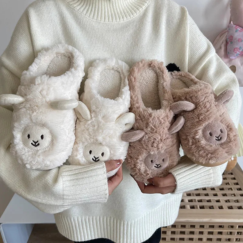 Women Home Fluffy Slippers Platform Anti Slip Comfortable Warm Shoes Cute Sheep Outdoor Couple Slippers Women Men Ladies Shoes