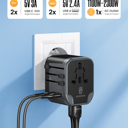 ASOMETECH International Travel Adapter USB Charger 2 USB and 2 Type C Port All-in-one Wall Charger for US EU UK AUS Travel