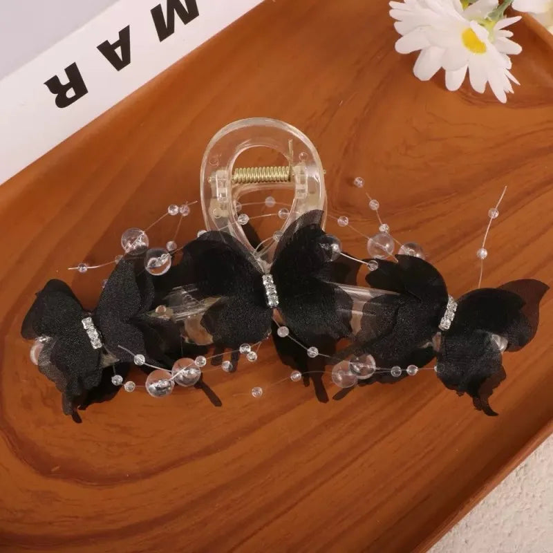 Light Blue/Pink Sheer Butterfly Claw Clip | Pearl Rhinestone Fairycore Hair Grabber | Elegant Romantic Hair Accessory