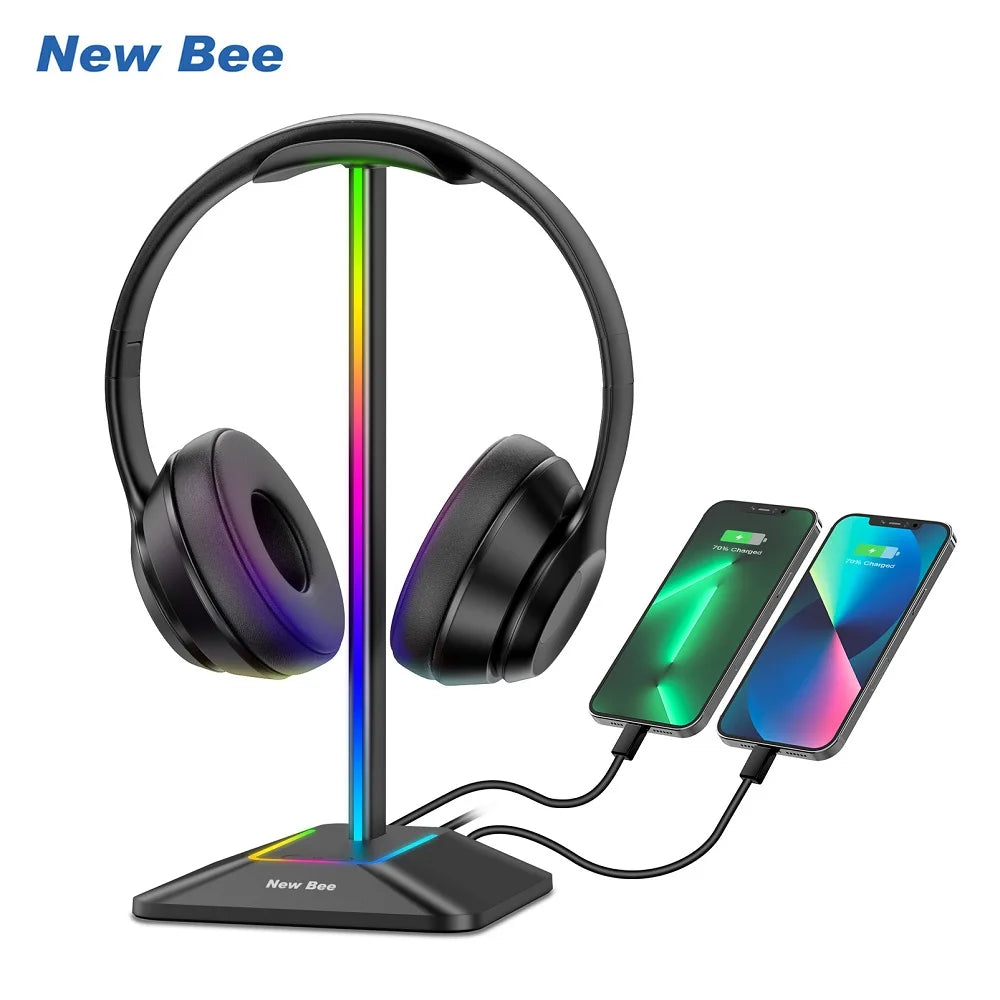 RGB Headphones Stand Holder Desk Gaming Headset with 2 USB Ports Cool Display Holder Non-Slip Rubber Base for Gamer