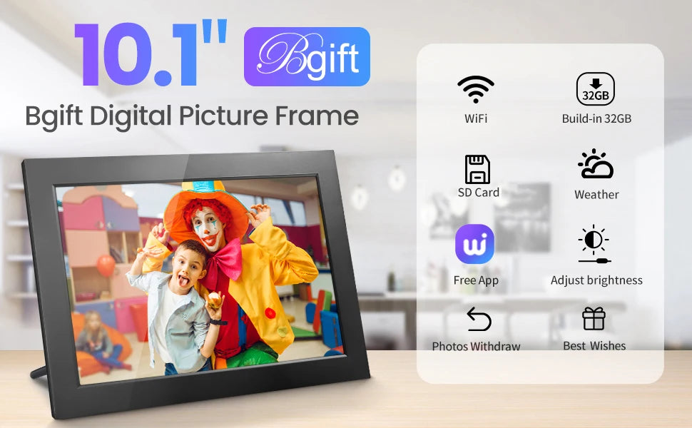 Digital Picture Frame10.1 Inch 32G WiFi Photo Frame 1280x800 HD IPS Touch-screen Auto Rotation Photo Sharing Via APP Decorative