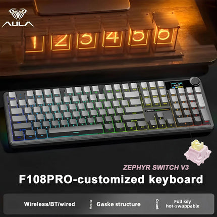 AULA F108 Pro Gaming Mechanical Keyboard Tri Mode Custom Multi-Knob Screen RGB Esports Wireless Keyboard with TFT Smart Display