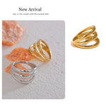 Yhpup Stainless Steel Geometric Hollow Layered Wide Ring Metal Texture Waterproof Daily Simple Stylish Golden Jewelry for Women