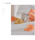 Yhpup Stainless Steel Geometric Hollow Layered Wide Ring Metal Texture Waterproof Daily Simple Stylish Golden Jewelry for Women