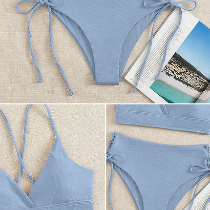 Cikini-V-Neck Split Bikini Set for Women, Sexy Swimsuit, Lace Up, Triangular Bikinis, Solid Color, Beach Swimwear, Bathing Suit