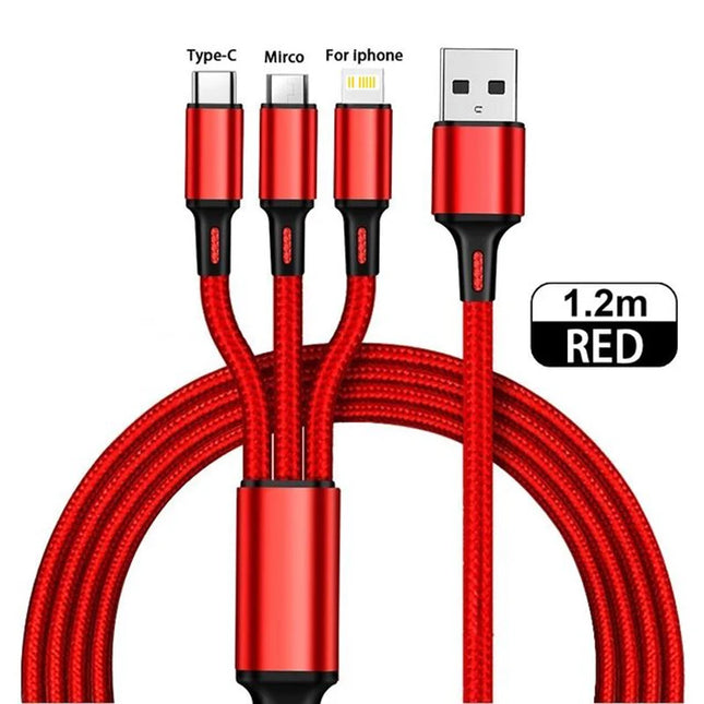 3 In 1 USB Charger Fast Charging Cable Type C Micro IOS Multi Charger Cable for iPhone Huawei Samsung Nylon Braided Cord