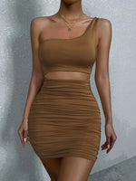 Sexy One Shoulde Backless Bodycon Mini Dress Women's Waist Hollow Out Tight Pleated Wrapping Skirt 2023 New Style