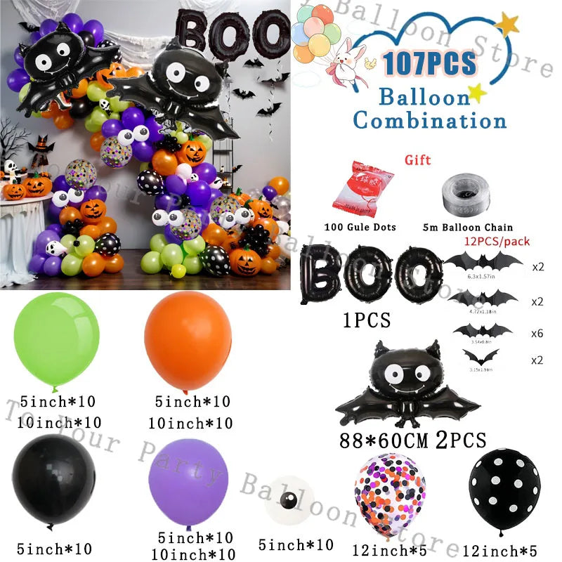 Halloween Bat Balloon Garland Arch Kit Black Orange Ballon 3D Bat Spider Sticker Eye Pumpkin Halloween Party Decoration Supplies