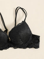 1 Set Elegant Erotic Lace Embroidery Breathable Fabric Lingeries : Push-Up Bra, Low Waist Sheer Panty - Ultimate Valentine's Day