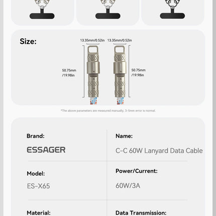Essager 60W Type C To Type C Fast Charging Cable  For iPhone 16 Xiaomi Huawei  Lanyard  Halter Neck Wrist Multifunctional Cable