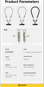 Essager 60W Type C To Type C Fast Charging Cable  For iPhone 16 Xiaomi Huawei  Lanyard  Halter Neck Wrist Multifunctional Cable