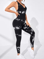 Women's Tie Dye Seamless Workout Jumpsuits One Piece Soft&Stretchy Fashion V-Neck Halter Open Back Yoga Sports Bodysuit