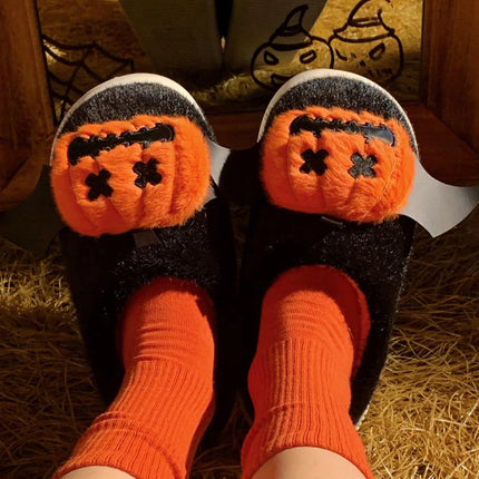 Halloween Ghost Pumpkin Bat Design Women Winter Slippers Casual Soft Heel Platform Fur Warm Indoor Comfortable Man Home Slippers