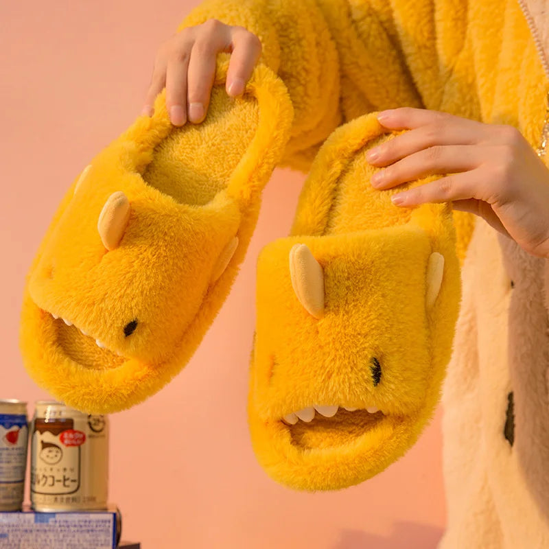 Comwarm Autumn And Winter Cartoon Shark Wool Slippers For Women Soft Home Men's Indoor Household Open Toe Plush Cotton Slippers