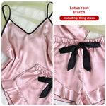 Women's Smooth Satin Pajamas V-Neck T-Shirt Ruffled Edges And Bow Shorts Simple And Breathable Pajama Set Sling Home Clothing