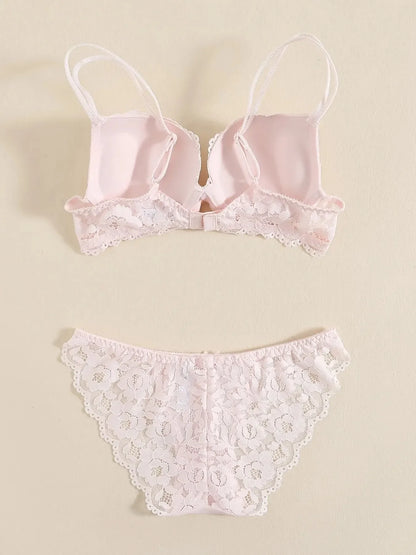 1 Set Elegant Erotic Lace Embroidery Breathable Fabric Lingeries : Push-Up Bra, Low Waist Sheer Panty - Ultimate Valentine's Day
