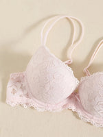1 Set Elegant Erotic Lace Embroidery Breathable Fabric Lingeries : Push-Up Bra, Low Waist Sheer Panty - Ultimate Valentine's Day