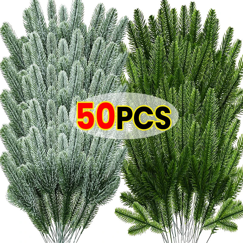 Wholesale Pine Needle Branch Artificial Christmas Green Snow Frosted Fake Plants Sprigs Stem DIY Wreath Home Garland Decorations