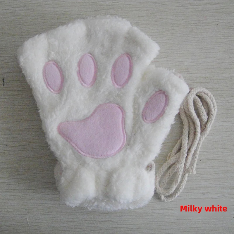 Cat Claw Gloves Winter Cute Cartoon Cat Girls Fingerless Gloves Thickened Velvet Bear Paw Half Finger Gloves