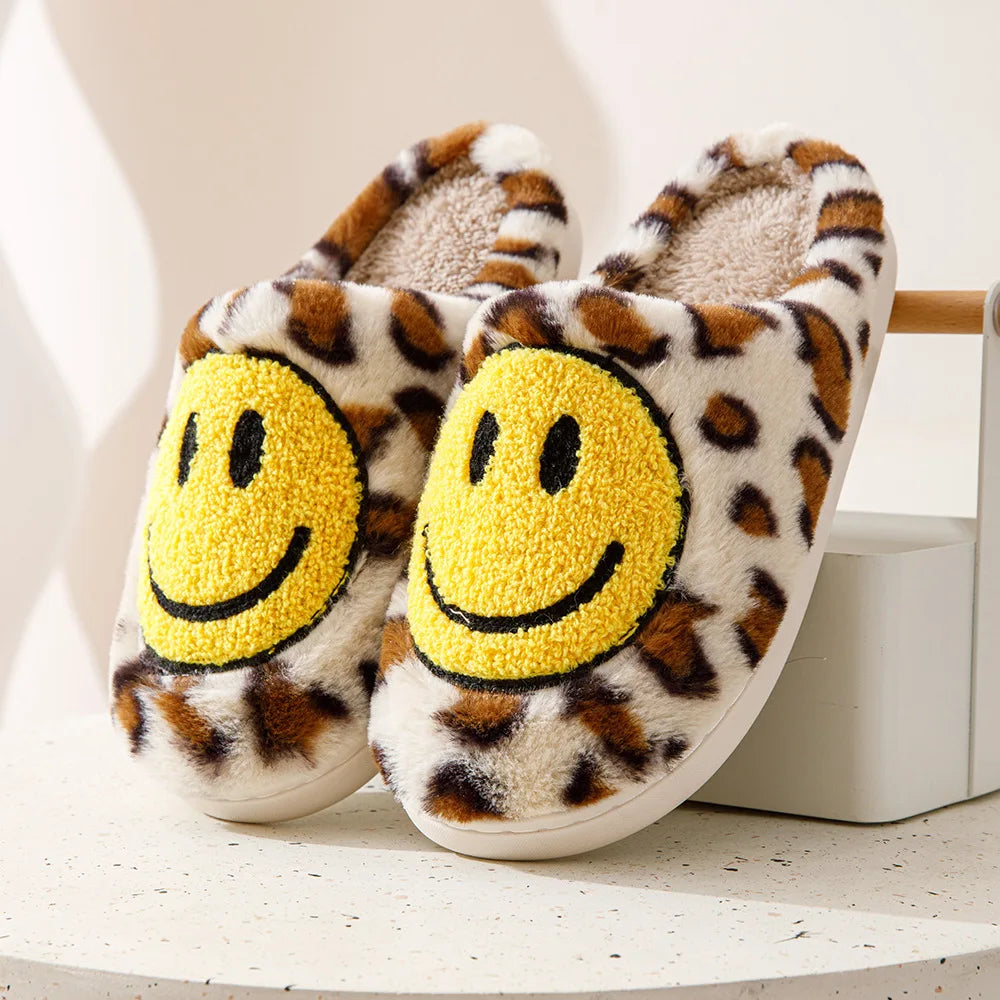 Leopard Fluffy Slippers for Home Smile Designer Platform Shoes Women 2024 Indoor Plush Sliders Warm Flats Chic Winter Footwear