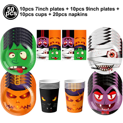 Halloween Ghost Party Decoration Disposable Tableware Balloon Banner Ceiling Door Hanging for Happy Hunting Halloween Supplies