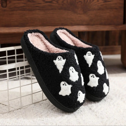 Halloween Ghost Pattern Black Cotton Slippers Non-slip Thick Sole Lightweight stuffed Slippers Holiday Gift