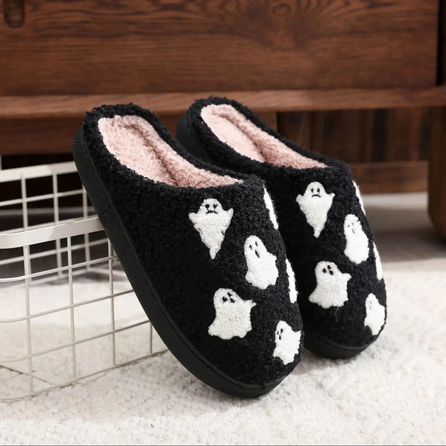 Halloween Ghost Pattern Black Cotton Slippers Non-slip Thick Sole Lightweight stuffed Slippers Holiday Gift