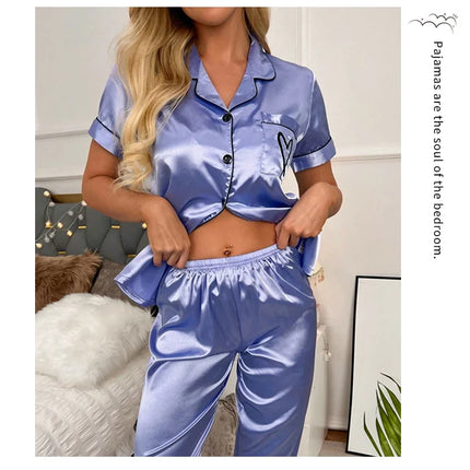 Women's Pajama Pocket Heart Embroidered Pajama Set Satin Comfortable Short Sleeve Button Pajama Lounge Pant For Women Sleepwear