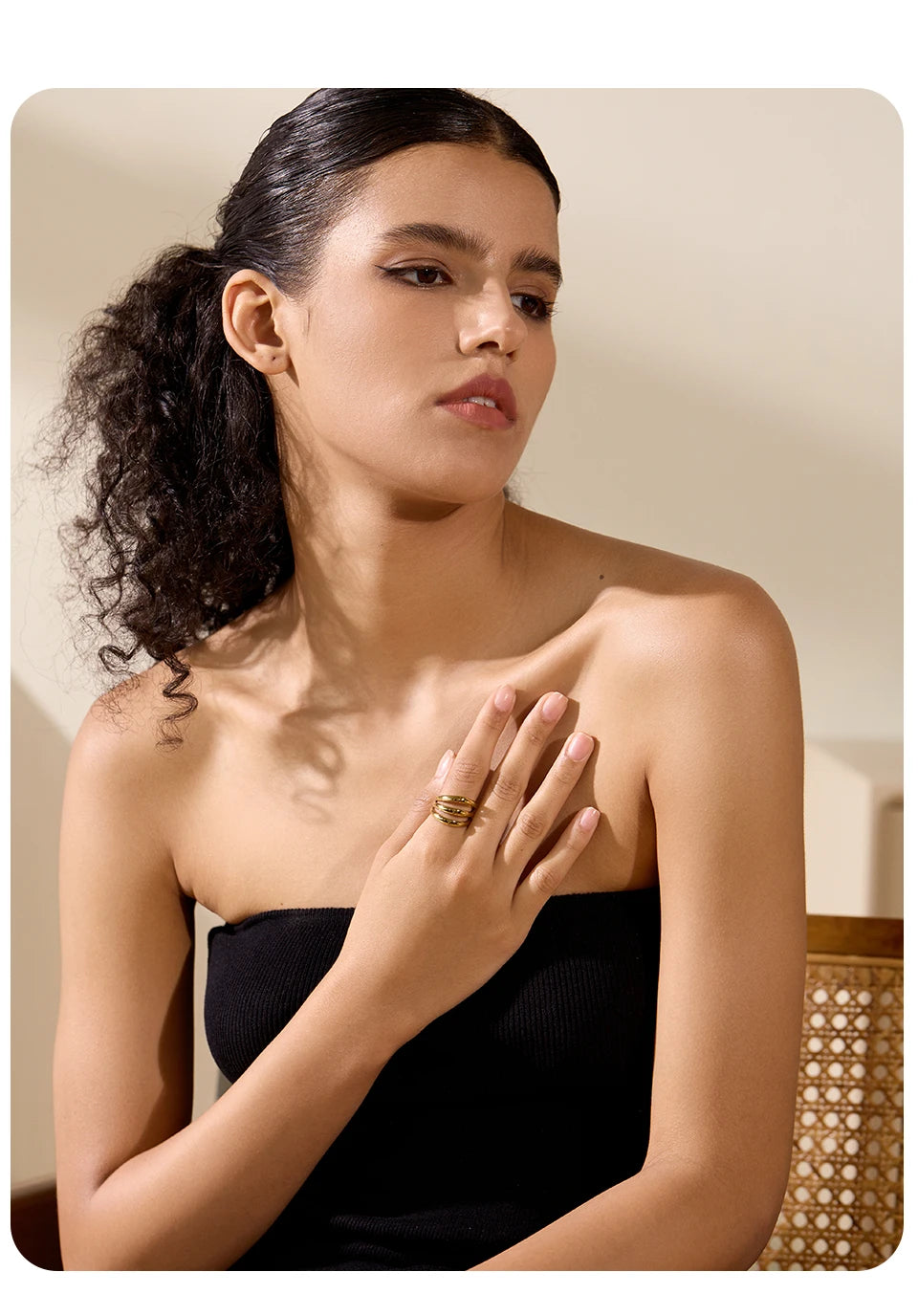 Yhpup Stainless Steel Geometric Hollow Layered Wide Ring Metal Texture Waterproof Daily Simple Stylish Golden Jewelry for Women